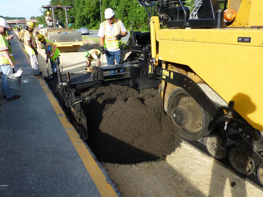 Crews taking core samples of a test strip of foamed asphalt base on northbound U.S. 29.