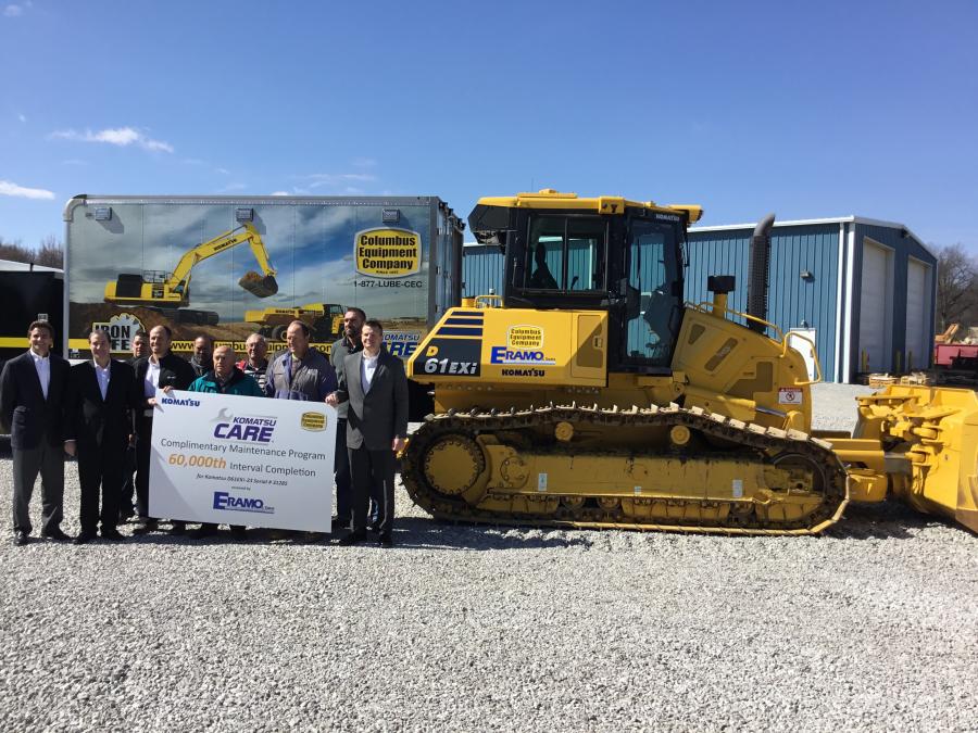 The 60,000th interval was completed on a Komatsu D61EXi-23 dozer. A service certificate was presented to machine owner and Columbus Equipment Company customer, John Eramo & Sons, Inc., at a ceremony to celebrate the milestone.