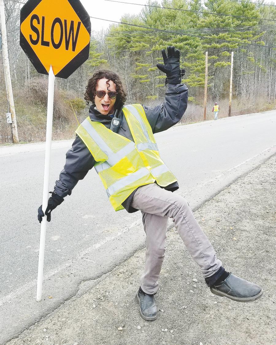 Image courtesy of the Union Leader/Kimberly Haas. For the past week, flagger Anthony Previte has been showing off his dance moves for those stuck in traffic.