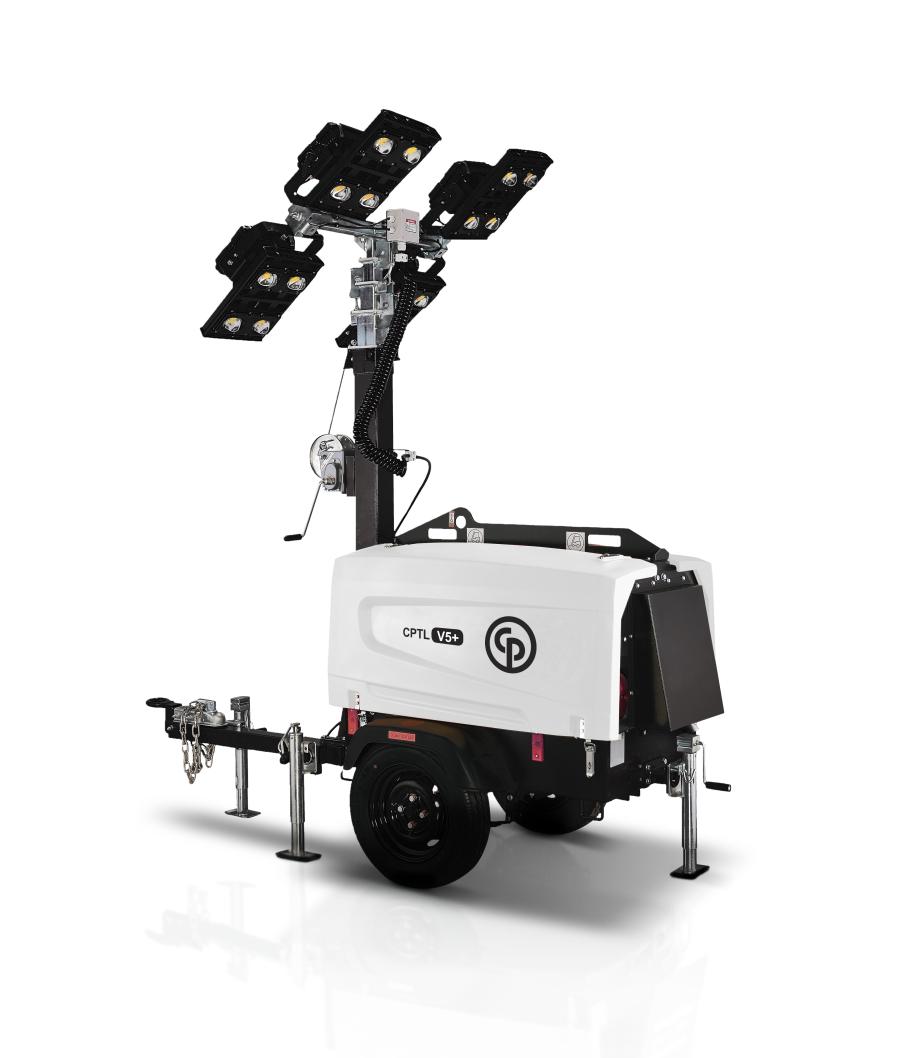 The CPLT V5+ offers high performance and luminosity with four LED lamps that are 350 watts each. With a 28-gal. fuel tank, the new light tower is capable of 150 hours of operation with all four lamps before refueling, maximizing productivity and illumination time.