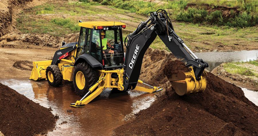 The 710L offers a robust 17-ft. 3-in. (5.3 m) dig depth, the largest in the John Deere portfolio, and it is ideal for loading trucks, placing pipe, digging trenches, breaking up concrete or asphalt and moving materials.