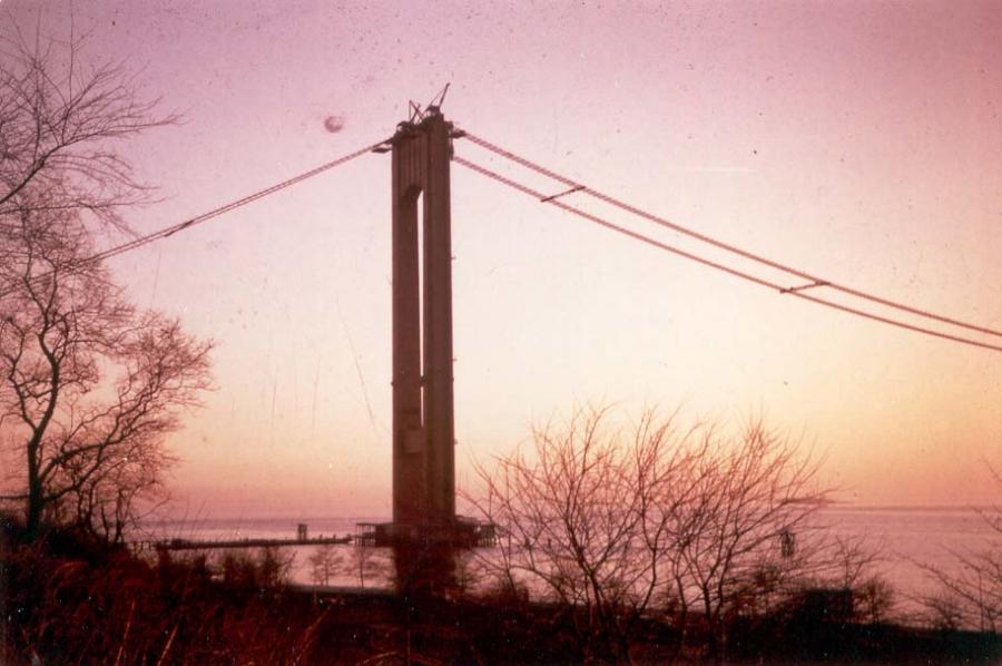 Image courtesy of Matthew Proujansky.  The Verrazano-Narrows Bridge during construction in 1960.