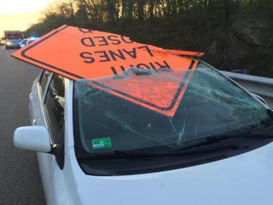 Image courtesy of NEWS10.After striking the sign, it went through the windshield, striking the driver in his head.