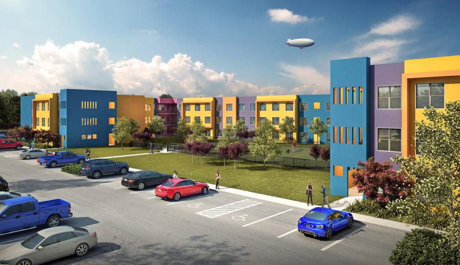 Artist’s rendering of a segment of Legends Edinburg, a 310,680 sq.-ft. (28,863 sq m) upscale student residential complex, at The University of Texas Rio Grande Valley.