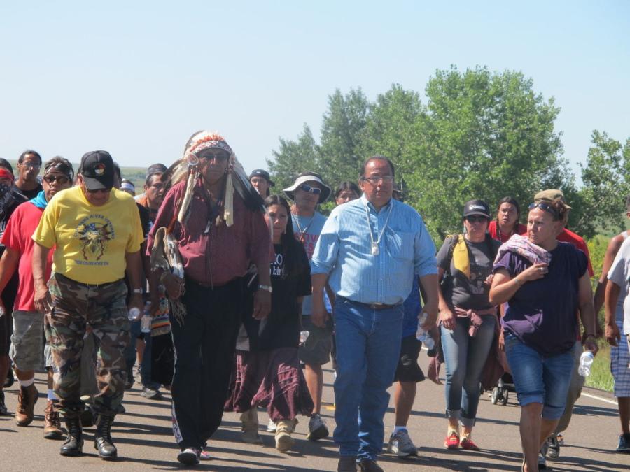 Hundreds of Standing Rock Sioux tribal members and supporters are protesting construction of the Dakota Access Pipeline near the reservation boundary. (Bismarck Tribune photo)