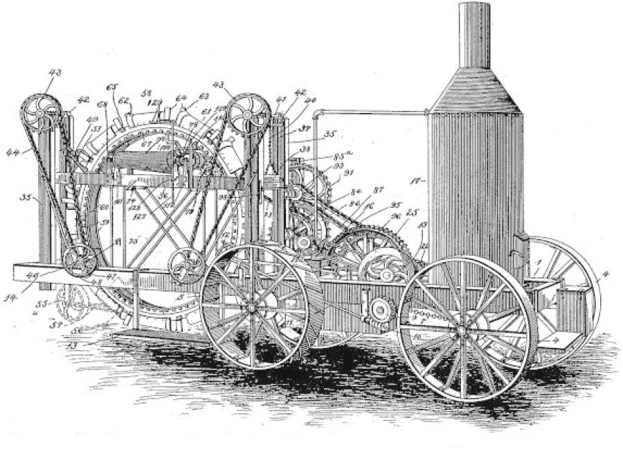 Patent drawing of James B. Hills “Traction Ditching Machine.”