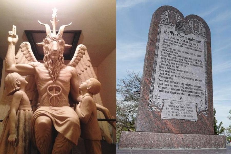 The proposed Baphomet and Ten Commandments memorials side by side.