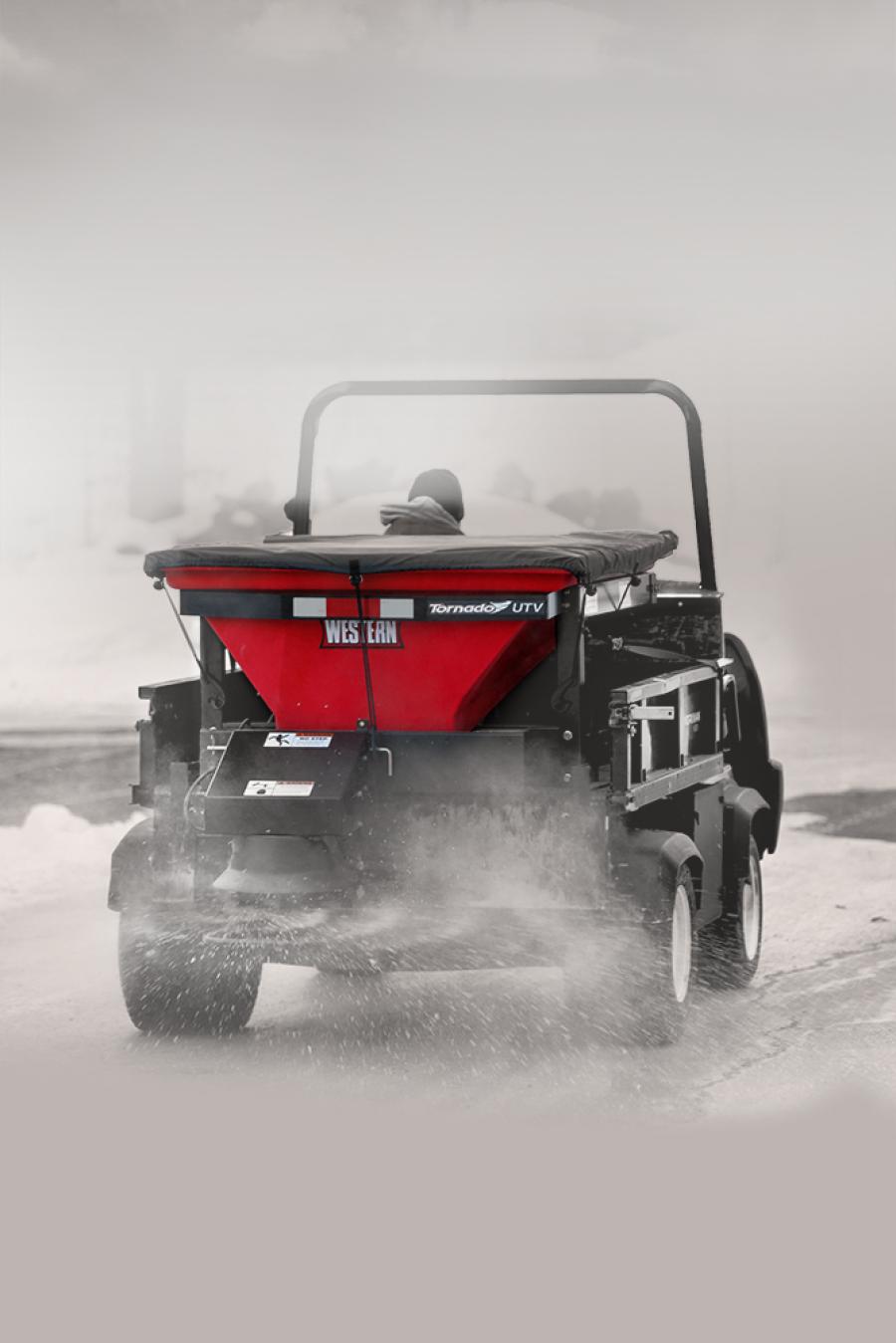 The Tornado UTV spreader is built with a standard inverted vibrating V for maximum material agitation, a standard top screen to help break up large chunks of de-icing material while loading, a heavy duty steel frame with electrostatic powder-coated finish, and a fitted tarp cover that helps ice control material stay dry to prevent clumping.