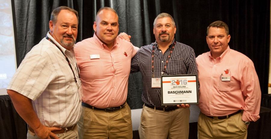 (L-R) are Mike Peters, aggregate equipment sales manager, Baschmann Services Inc.; Bill Royce, regional sales manager, KPI-JCI and Astec Mobile Screens; Pete Baschmann, president, Baschmann Services Inc.; Ron Earl, vice president sales and marketing, KPI-JCI and Astec Mobile Screens.