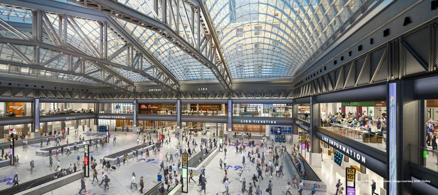 SOM photo. The Moynihan Train Hall will have more space than Grand Central’s main concourse, housing both Amtrak and LIRR ticketing and waiting areas, along with state-of-the-art security features, a modern, digital passenger experience and a host of dining and retail options.