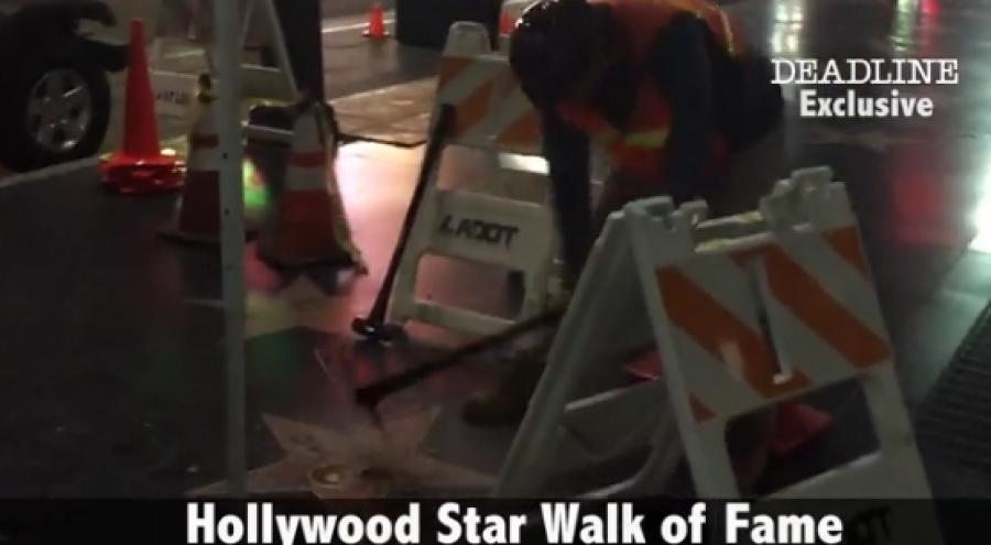 The act of vandalism occurred early Thursday morning in L.A. The video shows the make taking a pick axe to the star and destroying it piece by piece.