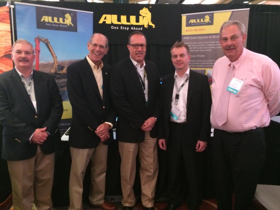 ECA has become the exclusive distributor of the ALLU PMX and PF Soil Stabilization Systems in the Eastern U.S. and Eastern Canadian Provinces. Commemorating the new partnership are (from left): Dale Mickle, Vice President Sales/Marketing, ALLU Group Inc.; Ben Dutton, Vice President of Sales & Marketing, ECA; Edgar J. Chavez, President/CEO, ALLU Group Inc.; Vile Niutanen, Stabilization Sales Manager, ALLU Finland OY; and Steve Stoker, Materials Processing National Sales Manager, ALLU Group Inc