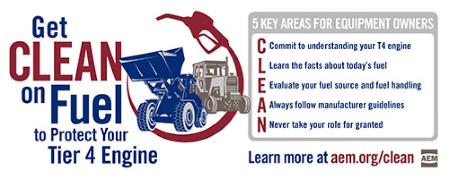 The AEM “Get CLEAN on Fuel” infographic outlines five key actions that help protect Tier 4 engines.