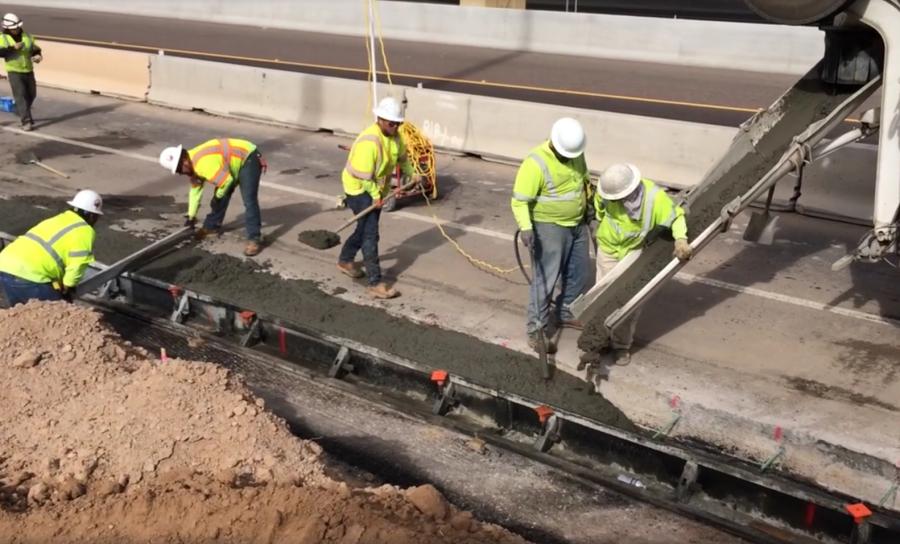 Crews begin pouring concrete to widen Pecos Road for the South Mountain Freeway project.