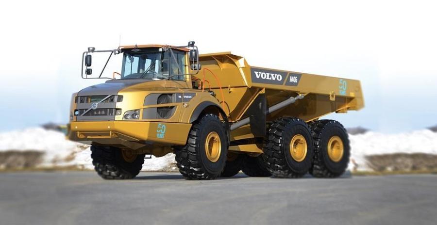 Gold-painted Volvo A40G articulated hauler.