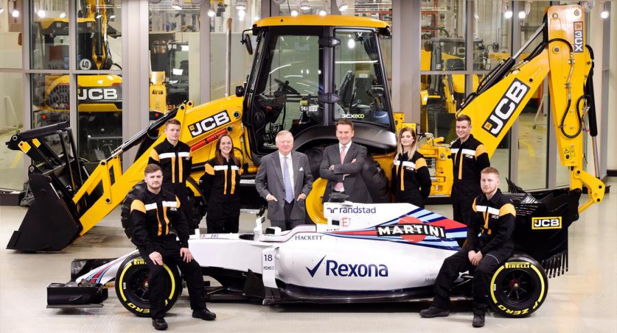 JCB Chairman Lord Bamford (center left) and JCB CEO Graeme Macdonald pose with JCB apprentices (l-r) Kyle Hare, Charlie Trotter, Jade Holmes, Chelsea Saunders, James Mohan and Daniel Malbon at the announcement of the new partnership agreement between JCB and Williams Martini Racing.