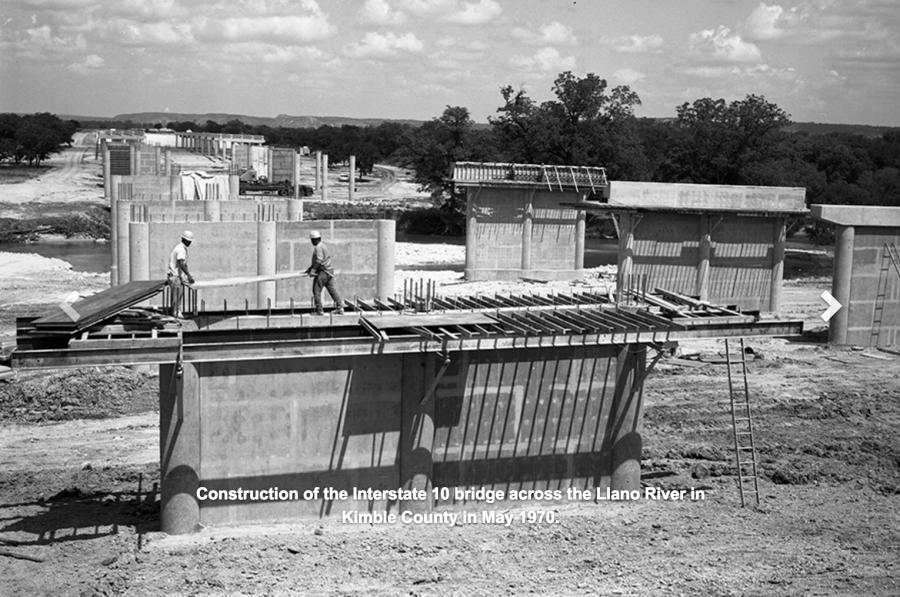 Construction of the Interstate 10 bridge across the Llano River in Kimble County in May 1970.