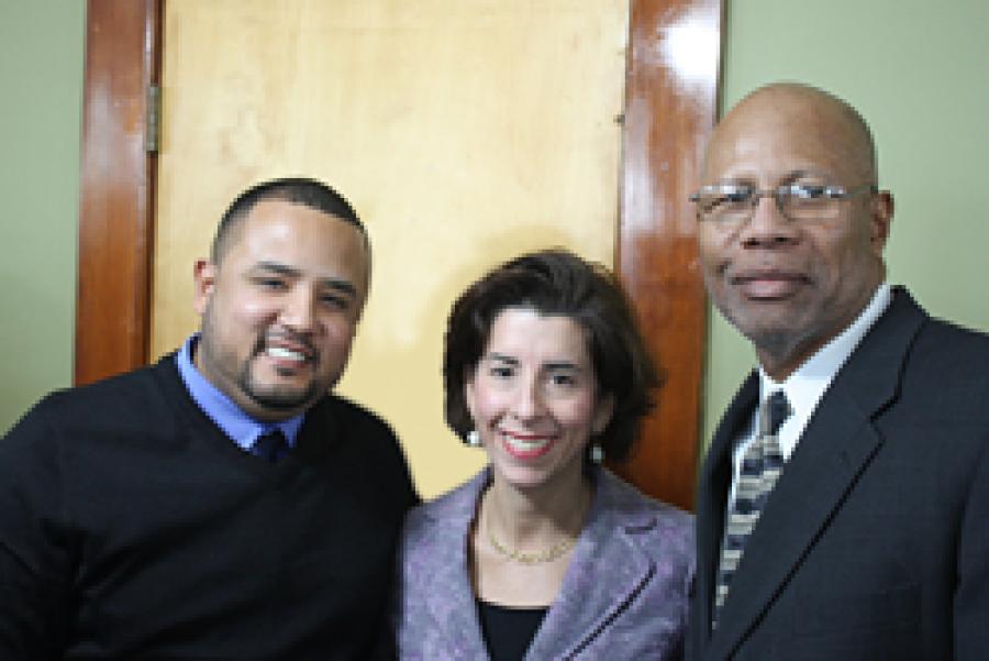 Jhonny Leyva (L), president of Heroica Construction, and Stanford Cameron (R) senior project manager of Heroica Construction, join Gov. Gina Raimondo to promote MBE’s in Rhode Island.