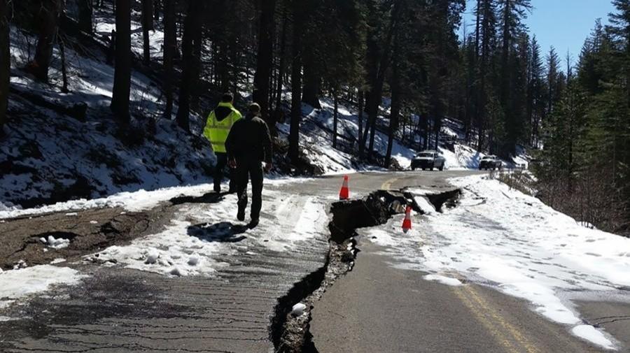 In the Yosemite Valley, only one of three main routes into the national park's major attraction is open because of damage or fear the roads could give out from cracks and seeping water, rangers said. (National Park Service)