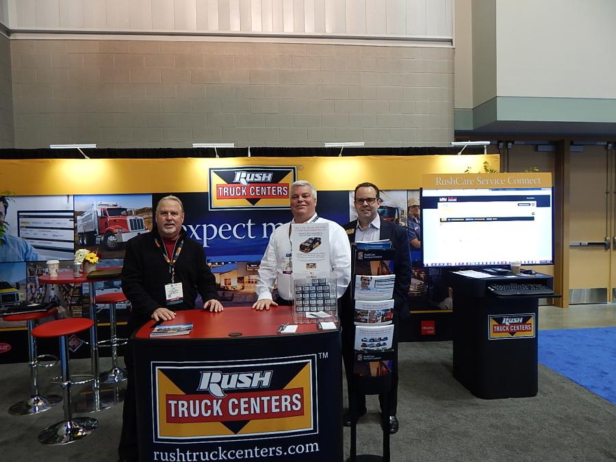 (L-R): Steve Taylor, vice president medium duty sales; Brian Mulshine, director of operations and technology; and Michael Donohue, national account manager, all of Rush Enterprises, New Braunfels, Texas, attend the show.
