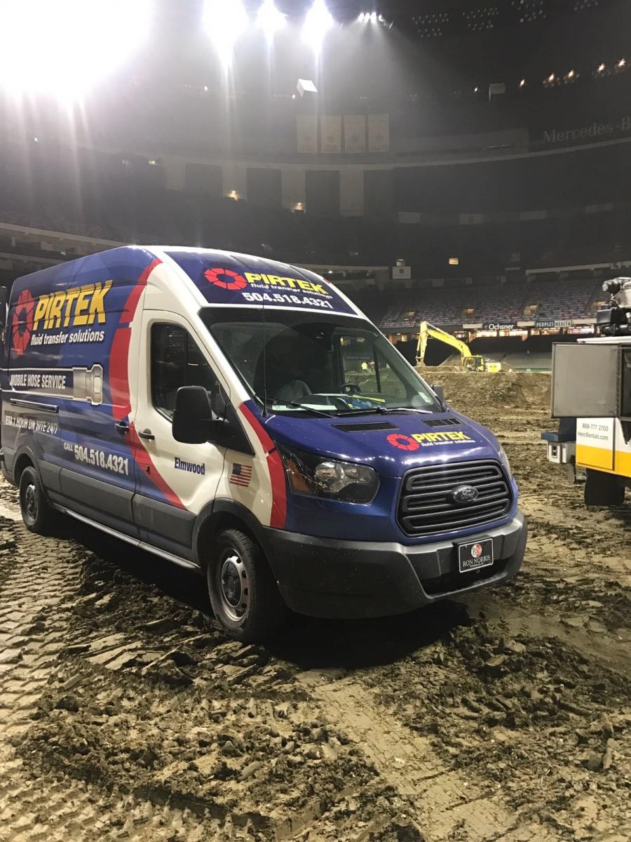 Recently, a front-end loader blew a hose while preparing ground for a New Orleans Monster Jam competition in the Mercedes-Benz Superdome. That’s when PIRTEK got into the act.