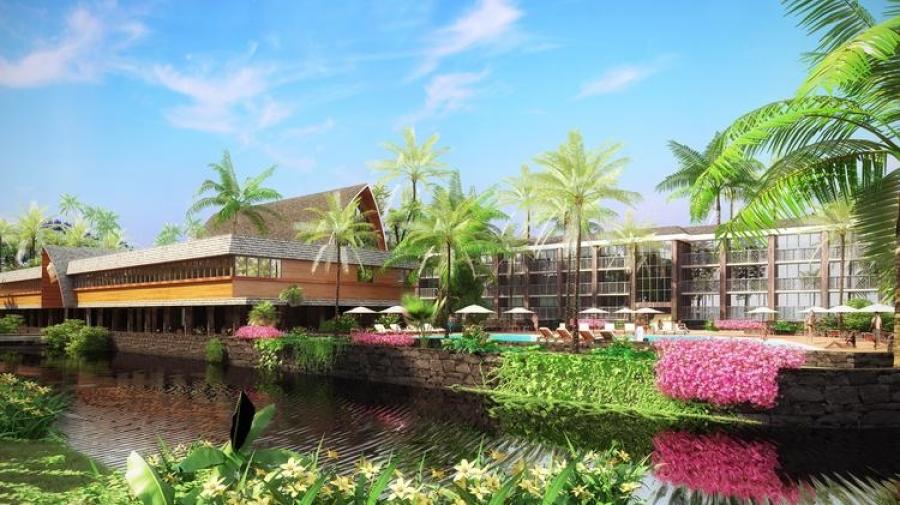 Artist rendering of the Coco Palms hotel after renovations.  Courtesy of Agor Architects.