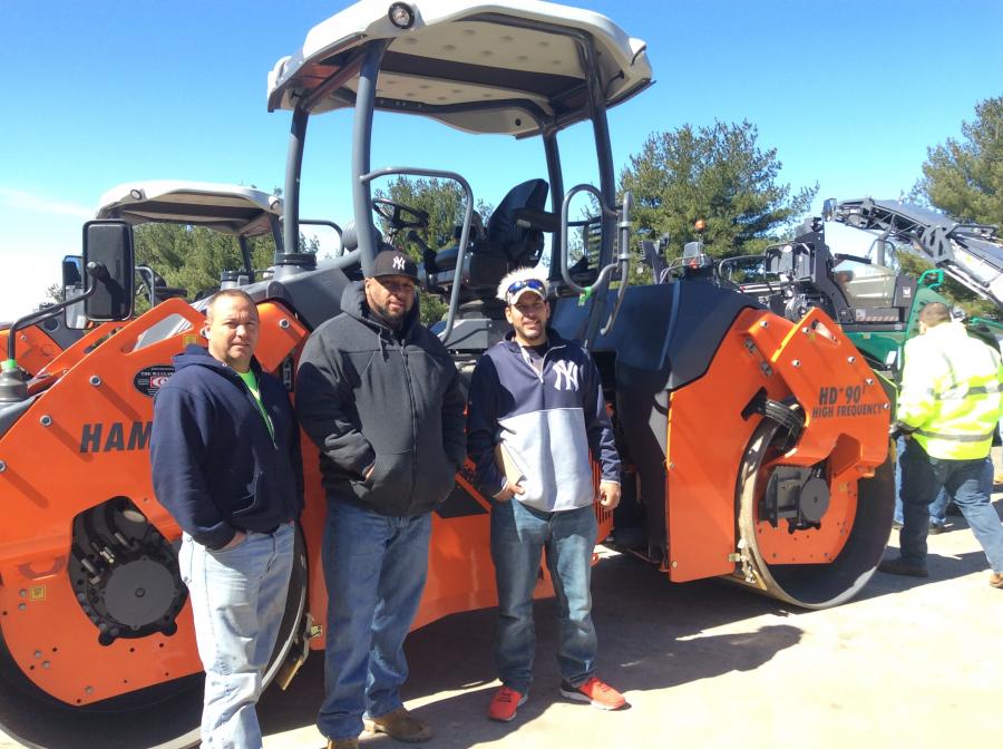 (L-R): Bill Ockenfels, operator; Mike Wright, driver; and George Colon Jr., driver/technician, all of Bozzutos, Cheshire, Conn., are ready to test the Hamm HD+90i tandem roller.