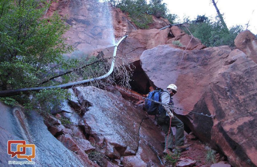 Park personnel assesses damage from a split in a section of the Trans-Canyon Waterline in 2014. The pipeline, installed in the mid-1960s, feeds water from Roaring Springs, located approximately 3,500 feet below the North Rim. National Park Service , St. George News photo