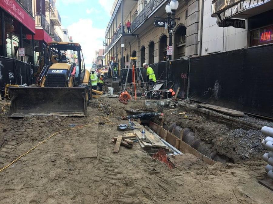 On April 24, construction crews began hammering away at the first block of Bourbon Street at Canal Street, disemboweling the ground to drop in new utility lines for the first time since 1928.