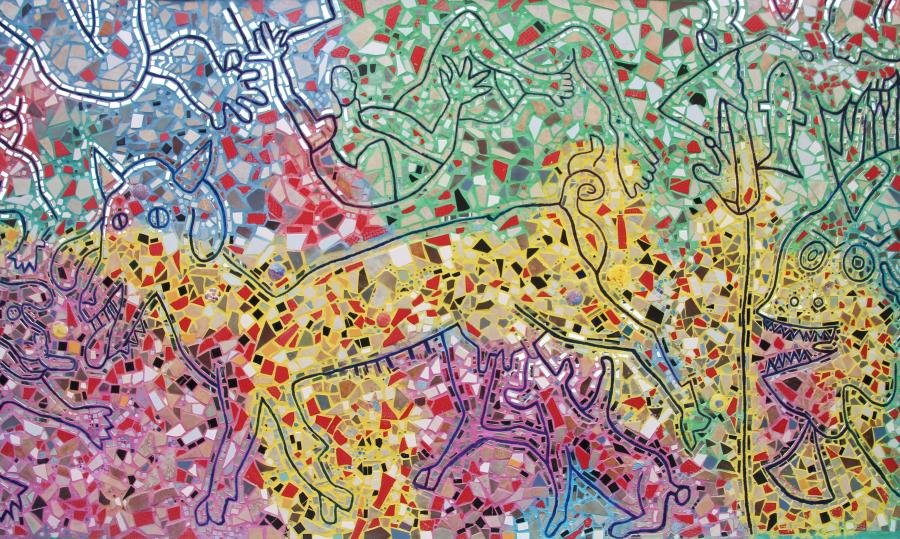 Renowned Philadelphia-based mosaic-mural artist Isaiah Zagar used a brush and black paint to create and outline the original mural designs before volunteers added the mosaic pieces.