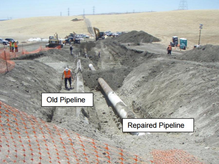 Image from Central Valley Water Quality Control Board report on Shell Oil’s May 20, 2016, pipeline break. Picture shows inactive older pipeline and newer pipeline that ruptured, spilling about 21,000 gallons of oil. (Photo Credit: Central Valley Water Quality Control Board)