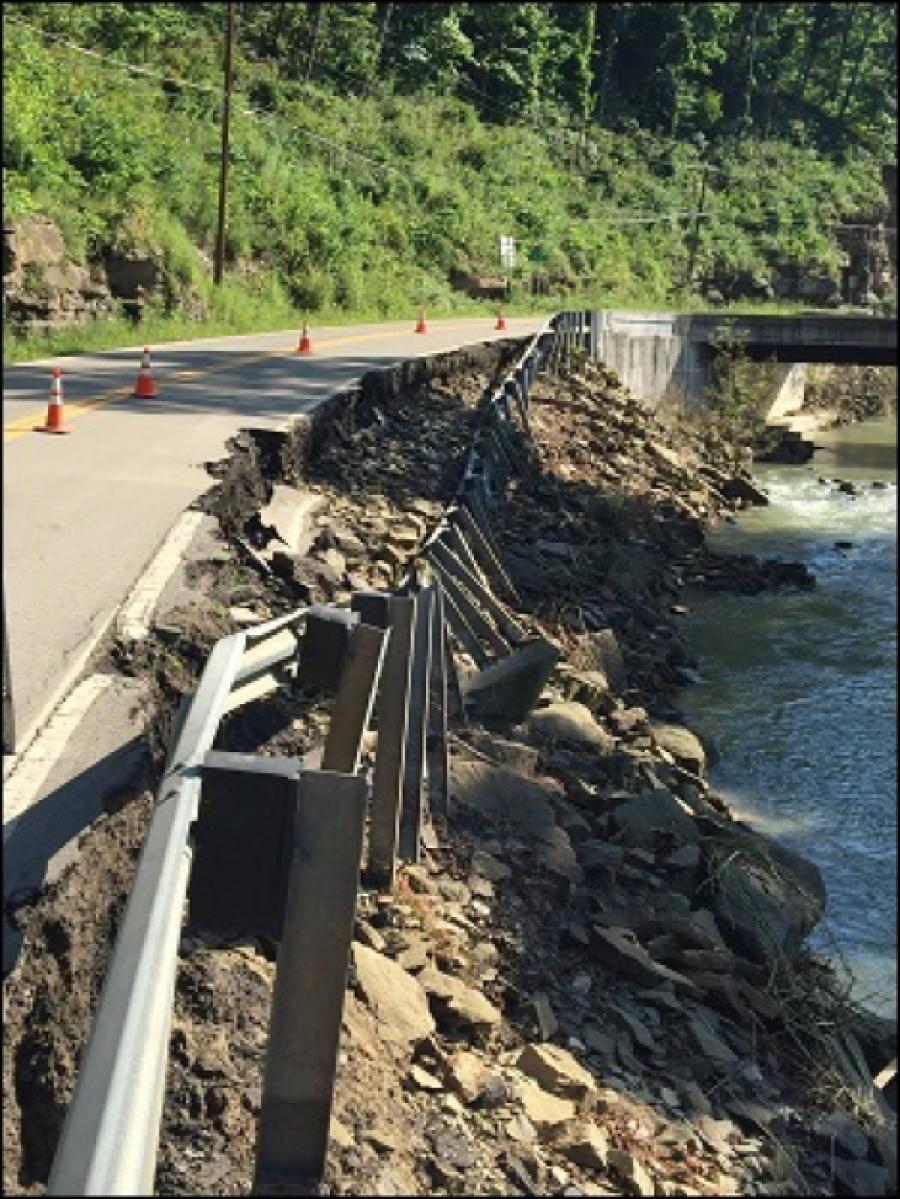 The types of roadway damage include pavement washes and scouring that undermined guardrails.
(WVDOT photo)