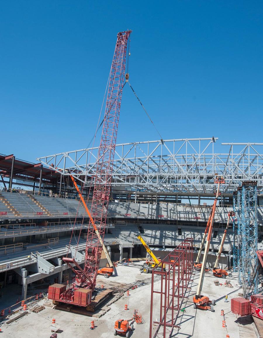 Construction of a new $524 million, multi-purpose arena is under way in downtown Milwaukee, and a fleet of Manitowoc crawler cranes is handling its most crucial lifting work.