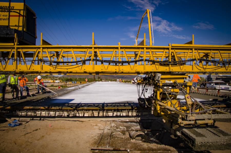 Crews recently poured concrete to create a deck for the first of two new bridges carrying Ina Road over the Santa Cruz River just west of I-10.
(Arizona DOT photo)