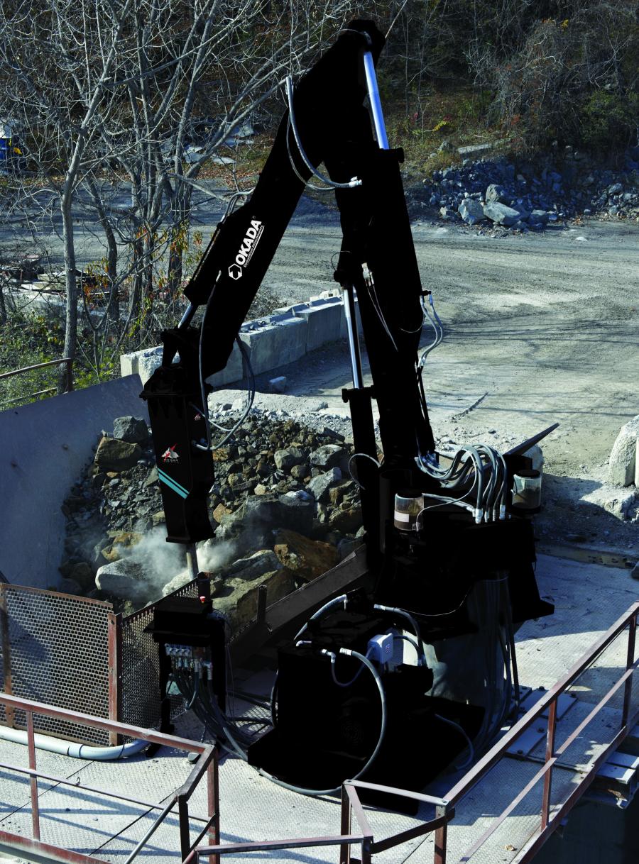 Okada America Inc.’s pedestal rock breaker boom systems are mounted at primary jaw, impact and gyratory crushers and stationary grizzlies and are used for crushed stone, hard rock and ore reduction and C & D recycling applications.