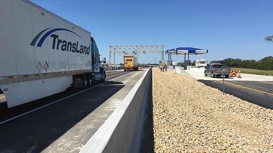 The toll plaza in the westbound lanes of the Kansas Turnpike's eastern terminal after one high speed toll lane was opened to traffic in August. 
(Kansas Turnpike Authority photo)