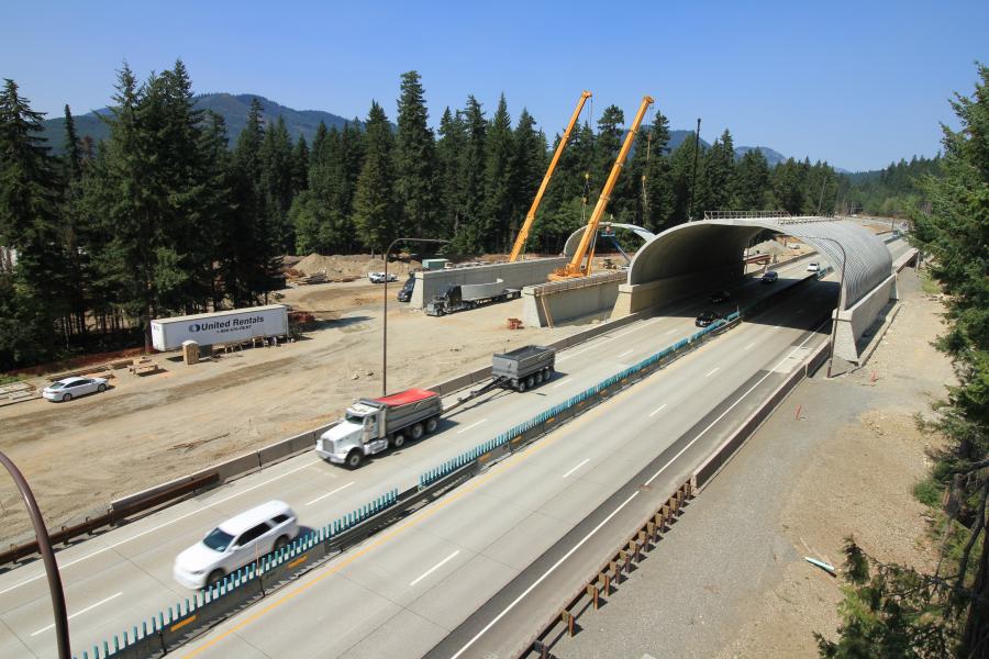 Contractor crews start installing sections of the eastbound portal of the wildlife overcrossing on Interstate 90 east of Snoqualmie Pass in Washington State in this Aug. 22 photo. The Idaho Transportation Department is considering similar wildlife overcrossings among options for improvements of U.S. Highway 20 as it approaches West Yellowstone.
(WSDOT photo)