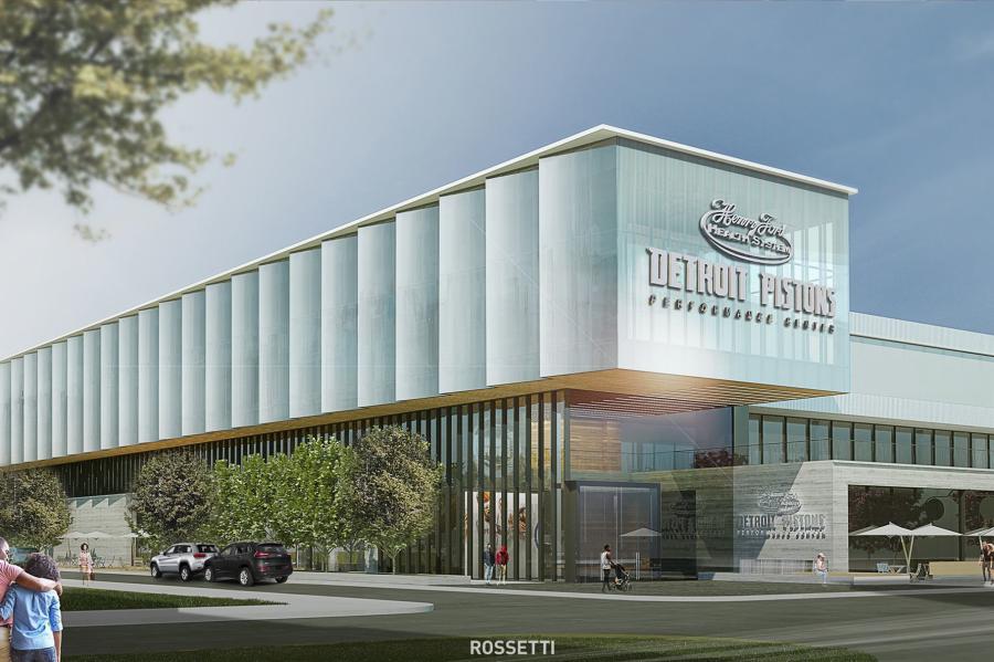 A rendering of the Detroit Pistons’ practice facility and headquarters in downtown Detroit.
(ROSSETTI rendering)