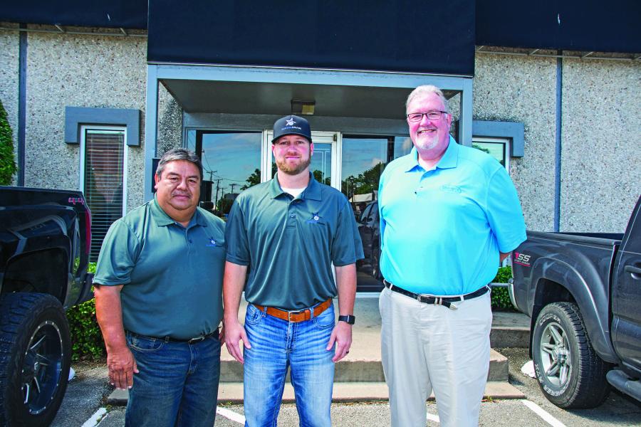 Blue Star Utilities Owners Jose Guamancela and Steve Hugdahl meet with Kirby-Smith Machinery Territory Manager Bill Hitchcock at Blue Star’s office in Mansfield, Texas. “Bill and Kirby-Smith stepped up and were willing to help us grow, so we purchased three packages from them and have three more on rental purchase option.”