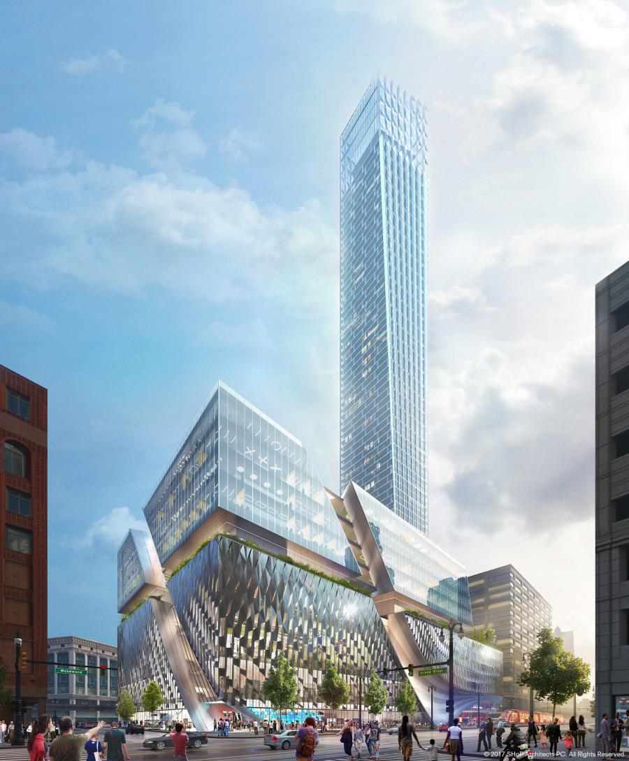 A rendering of the 58-story building that will dominate the local skyline on the site of the iconic J.L. Hudson department store.