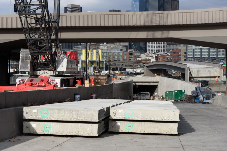 In November, the first precast sections of the SR 99 northbound (lower) roadway arrived at the tunnel construction site just south of downtown Seattle. 
(WSDOT photo)