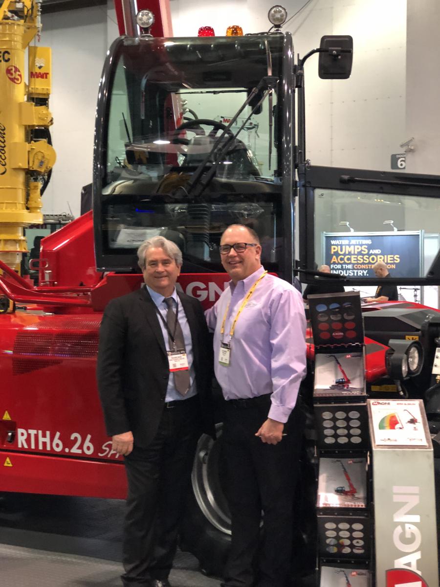 Empire Crane Company’s Luke Lonergan (R) spoke with Riccardo Magni, the inventor and founder of Magni telescopic handlers, at World of Concrete. Empire purchased two new 2018 Magni rotating telehandlers at World of Concrete in Las Vegas.