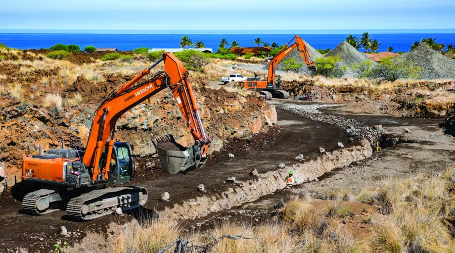 Hitachi excavators are tackling approximately 100,000 cu. yds. of rock excavation along with 3,500 lineal ft. of roadway, potable water, irrigation, gravity sewer and underground electrical.