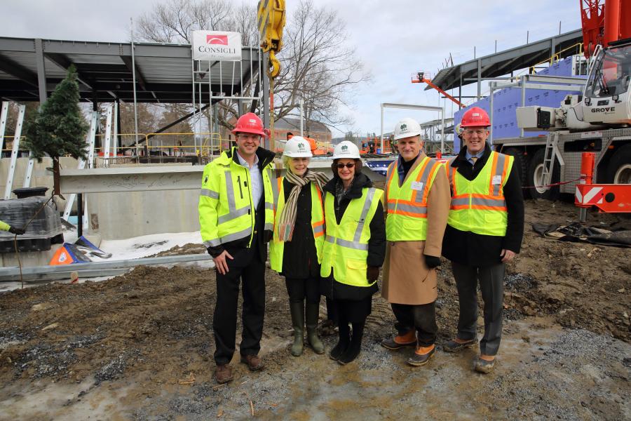 Hilary Scott photo
(L-R) are Phil Brault, project executive, Consigli Construction; BSO Chairman of the Board Susan Paine; BSO Trustee and Chair of the TMC/TLI Initiative Committee Joyce Linde; BSO Managing Director Mark Volpe; and Anthony Consigli, CEO, Consigli Construction.