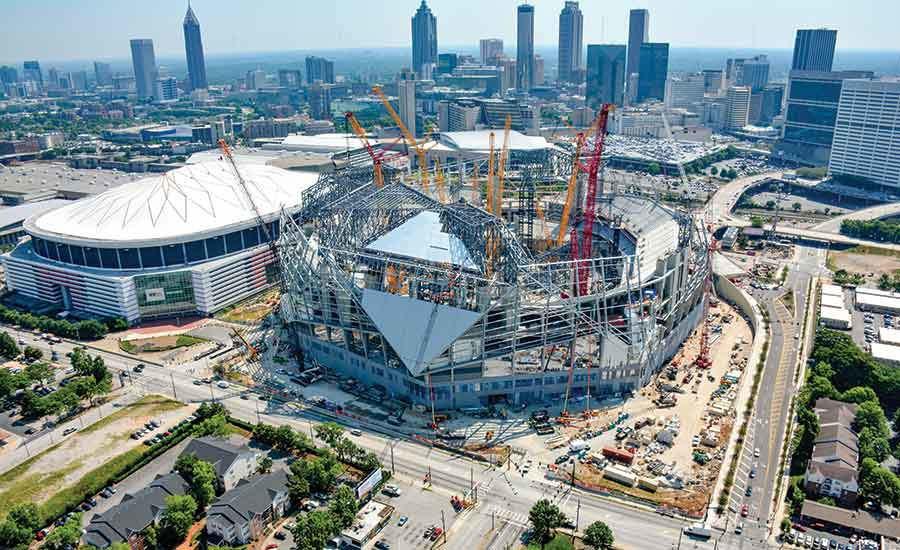 This new stadium provides up to 72,000 seats for National Football League and Major League Soccer games, expandable to 80,000 seats for marquee events and features a 59-ft. high digital halo video board and a first-of-its-kind aperture style roof, which required more than 30 steel fabricators from across the globe.
