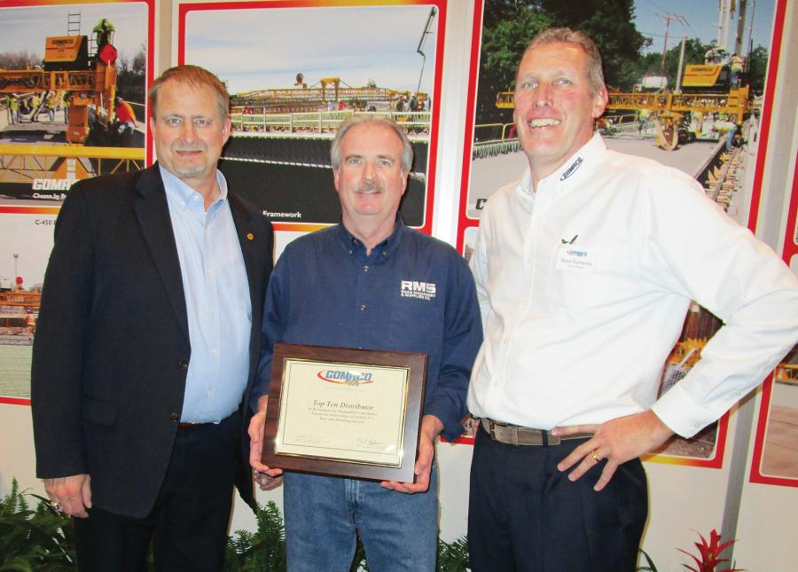 (L-R) are Kent Godbersen, GOMACO vice president of worldwide sales & marketing; Chuck Gallagher, Road Machinery & Supplies Co.; and Brad Barkema, GOMACO north central United States district sales manager.
