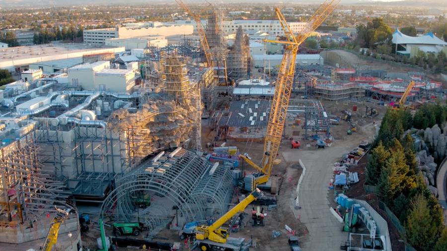Newly released flyover video footage of the 14-acre construction site in Disneyland shows an up-close look at the progress that crews have made on the site so far.