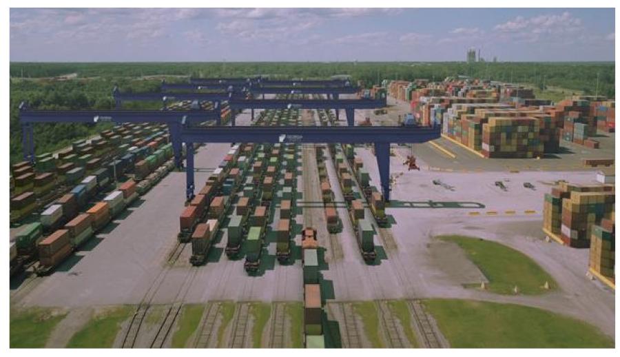 The new Mason Mega Rail terminal will add thousands of extra feet of track to enable the port to load trains that are 10,000 feet long. It also will double Savannah's capacity to move 40-ft. cargo containers by rail to 1 million containers per year by 2028.
(GA Ports Authority - Mega Rail photo)