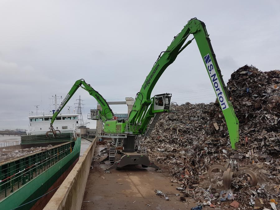 S. Norton & Co’s two new Sennebogen 870 M material handlers are seen loading scrap at the firm’s Barking River Port.