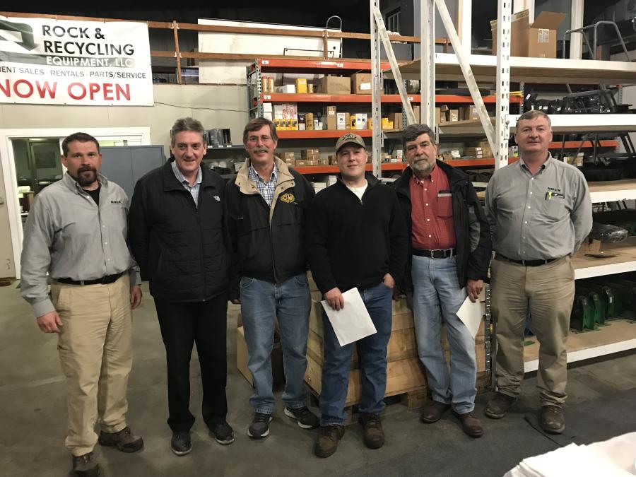 (L-R): Shane Fleming, Paschal McCloskey, Peter Adams, Kyle LaHouse, Skip Potter and Brendan Fox gather for a photo during the monthly Construction Equipment Maintenance Association (CEMA) meeting held recently at Rock & Recycling Equipment.